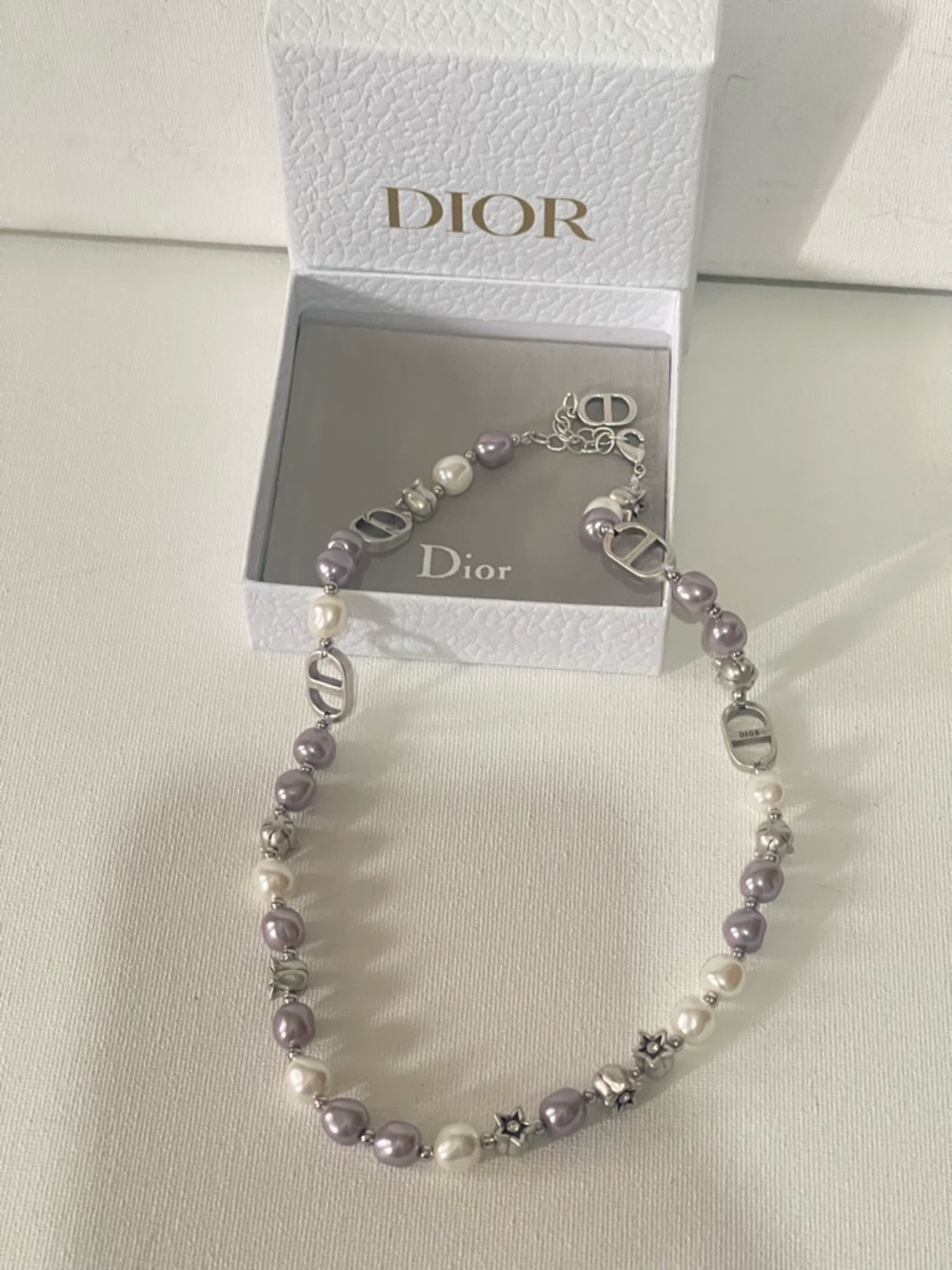 Dior Lavender and White Pearl Necklace with Silver Logo Accents GWP